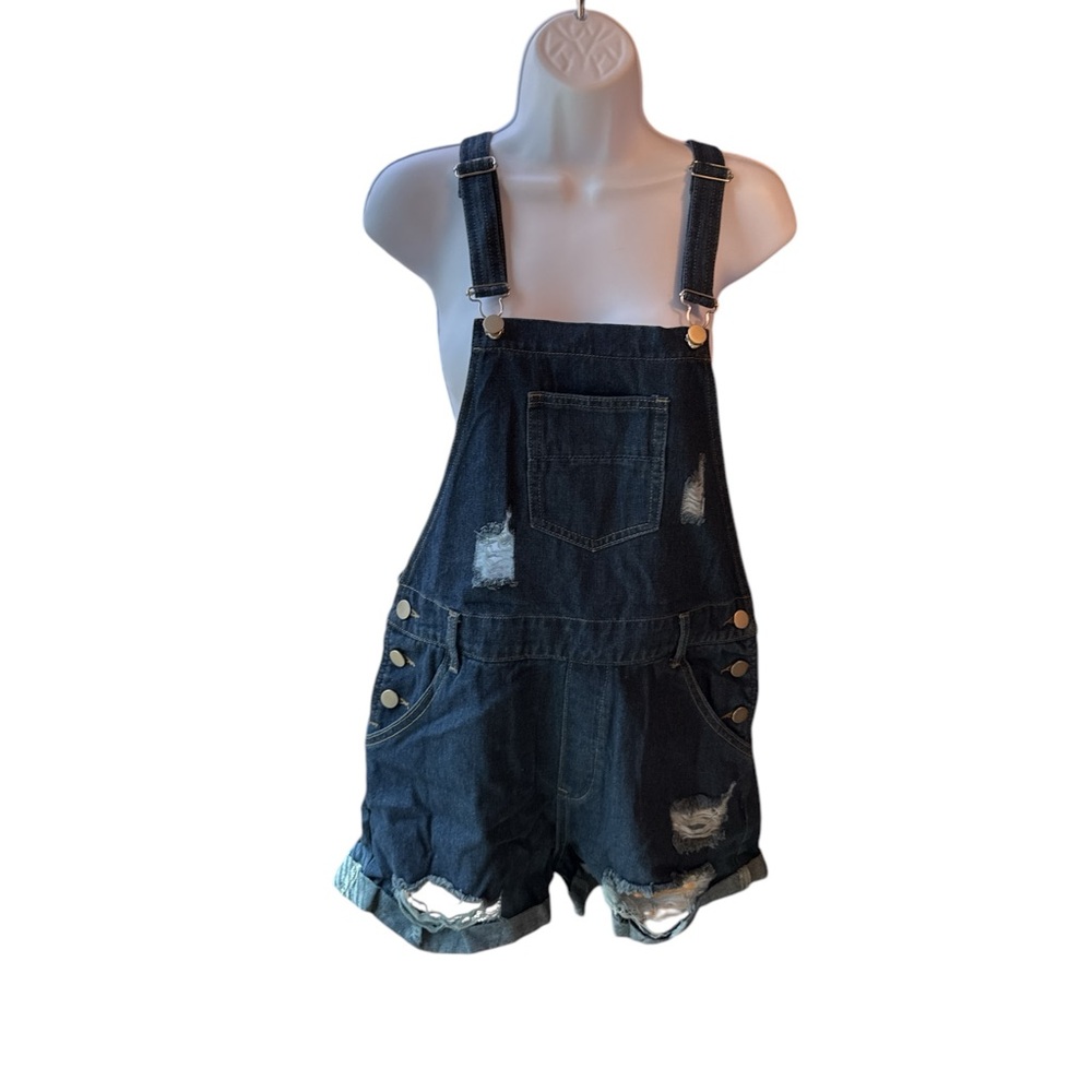 Blue Distressed Denim Shortalls with Adjustable Straps
